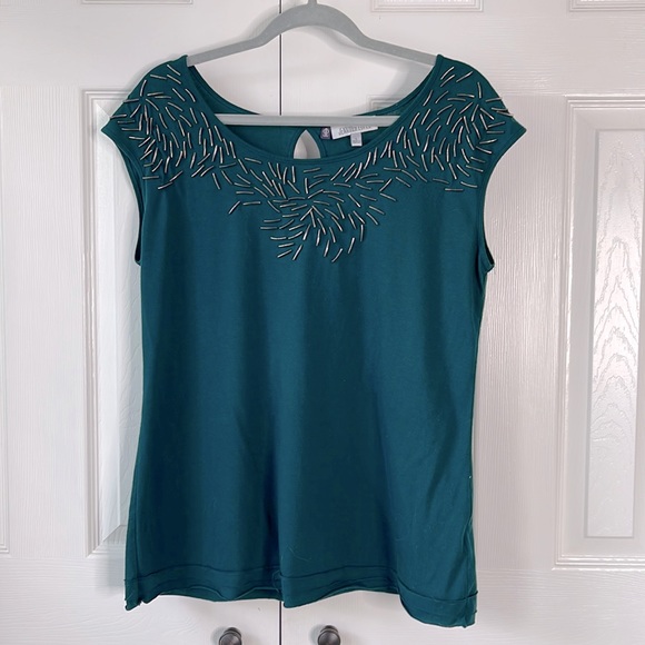 Jennifer Lopez Tops - Jennifer Lopez Embellished Cap Sleeve Boat Neck Top | Dark Teal Green | Large